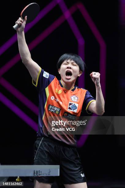 Cheng I-ching of Chinese Taipei reacts against Sofia Polcanova of Austria in their Women's Singles Round of 32 match on day two of WTT Champions...