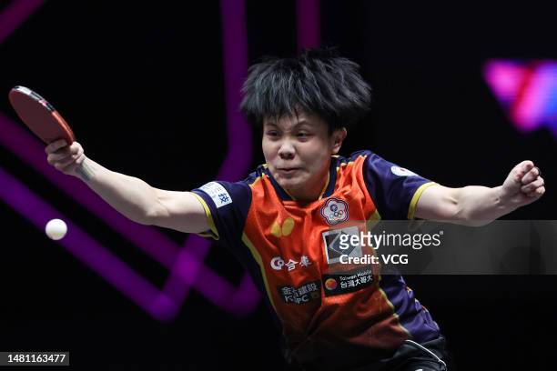 Cheng I-ching of Chinese Taipei competes against Sofia Polcanova of Austria in their Women's Singles Round of 32 match on day two of WTT Champions...
