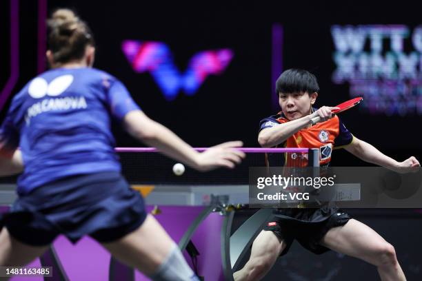 Cheng I-ching of Chinese Taipei competes against Sofia Polcanova of Austria in their Women's Singles Round of 32 match on day two of WTT Champions...