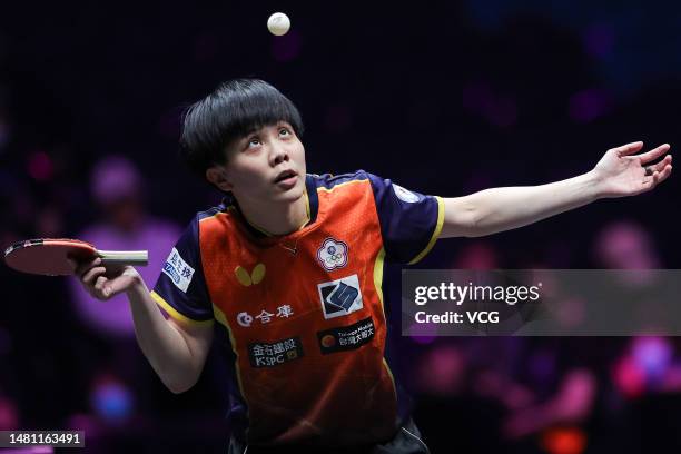 Cheng I-ching of Chinese Taipei serves against Sofia Polcanova of Austria in their Women's Singles Round of 32 match on day two of WTT Champions...