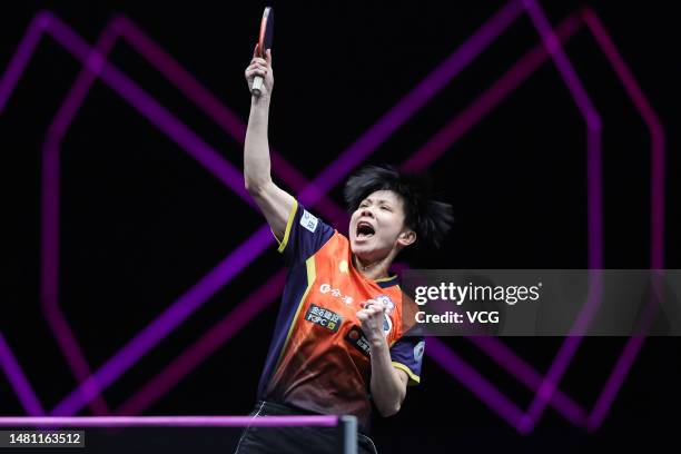 Cheng I-ching of Chinese Taipei reacts against Sofia Polcanova of Austria in their Women's Singles Round of 32 match on day two of WTT Champions...