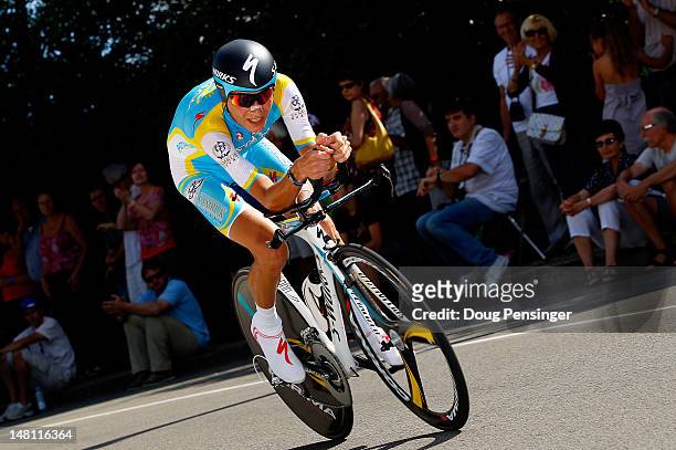Janez Brajkovic of Slovenia riding for Astana Pro Cycling Team competes in the individual time trial on stage nine of the 2012 Tour de France from...