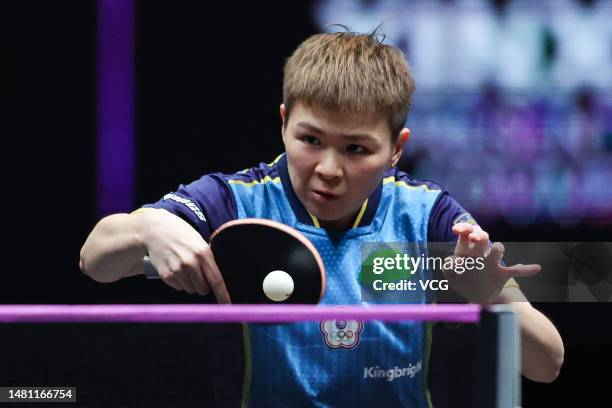 Chen Szu-yu of Chinese Taipei competes against Wang Yidi of China in their Women's Singles Round of 32 match on day two of WTT Champions Xinxiang...