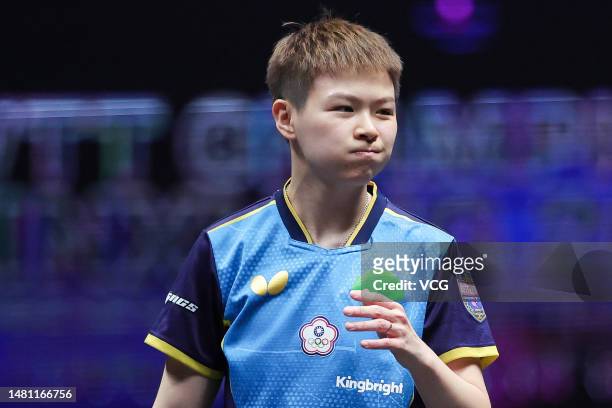 Chen Szu-yu of Chinese Taipei reacts against Wang Yidi of China in their Women's Singles Round of 32 match on day two of WTT Champions Xinxiang 2023...