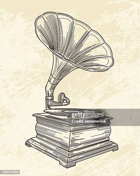 sketch of a gramophone on old paper - gramophone vector stock illustrations