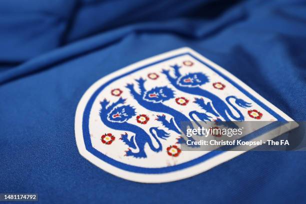 The England emblem is seen inside the England dressing room prior to the Women's Under 23 International Friendly match between Belgium and England at...