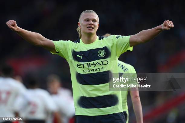 Erling Haaland of Manchester City celebrates after scoring during the Premier League match between Southampton FC and Manchester City at Friends...