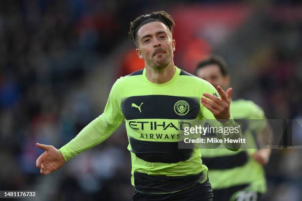 Jack Grealish of Manchester City celebrates after scoring during the Premier League match between Southampton FC and Manchester City at Friends...