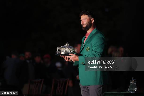 Jon Rahm of Spain celebrates with the Masters trophy during the Green Jacket Ceremony after winning the 2023 Masters Tournament at Augusta National...