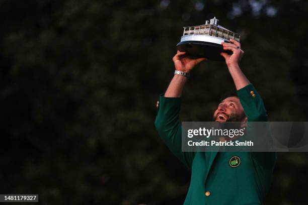 Jon Rahm of Spain celebrates with the Masters trophy during the Green Jacket Ceremony after winning the 2023 Masters Tournament at Augusta National...