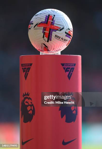 The match ball sits on a plinth ahead of the Premier League match between Southampton FC and Manchester City at Friends Provident St. Mary's Stadium...