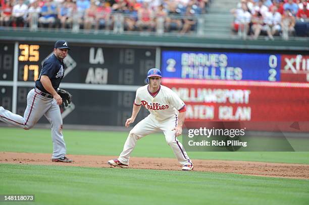 Mike Fontenot of the Philadelphia Phillies runs during the game against the Atlanta Braves on July 8, 2012 at Citizens Bank Park in Philadelphia,...