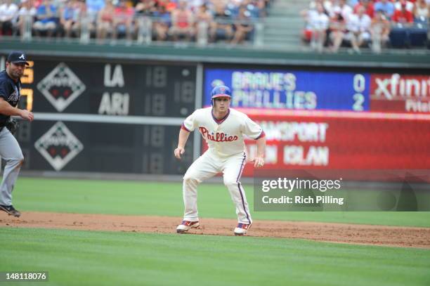 Mike Fontenot of the Philadelphia Phillies runs during the game against the Atlanta Braves on July 8, 2012 at Citizens Bank Park in Philadelphia,...