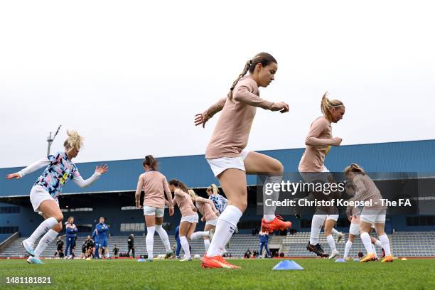 Anouk Denton of England warms up prior to the Women's Under 23 International Friendly match between Belgium and England at Cegeka Arena on April 10,...