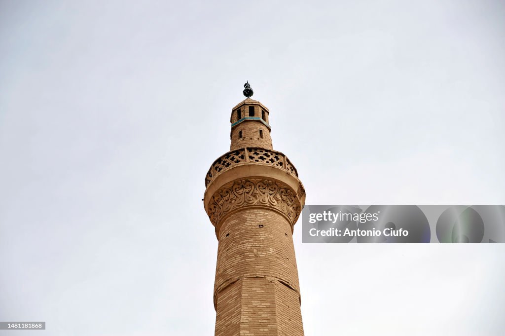 The octagonal minaret of Jame Mosque in Nain, Iran