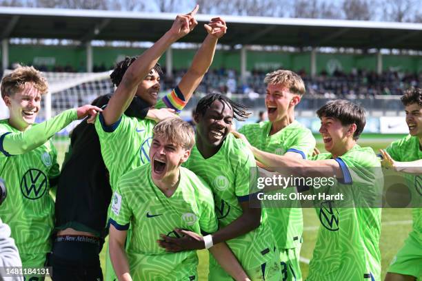 Players of VfL Wolfsburg reacts after the penalties shoot during the B Juniors German Championship Semi Final Leg Two match between VfL Wolfsburg and...