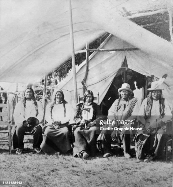 Lakota Chiefs following their surrender, on the Standing Rock Reservation in the Dakota Territory, United States, 1881. The image is one half of a...