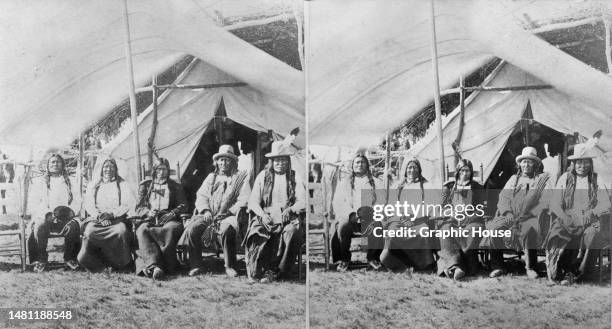 Stereoscopic image showing Lakota Chiefs following their surrender, on the Standing Rock Reservation in the Dakota Territory, United States, 1881.