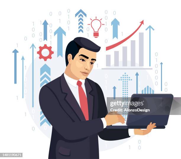 businessman with laptop. idea, plan strategy , solution and management concept. - creative director stock illustrations