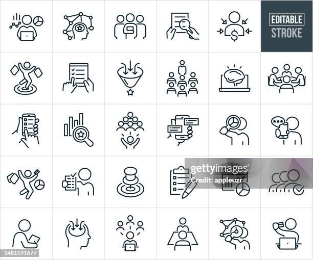 ilustraciones, imágenes clip art, dibujos animados e iconos de stock de iconos de línea fina de investigación de mercado - trazo editable - orientado al cliente