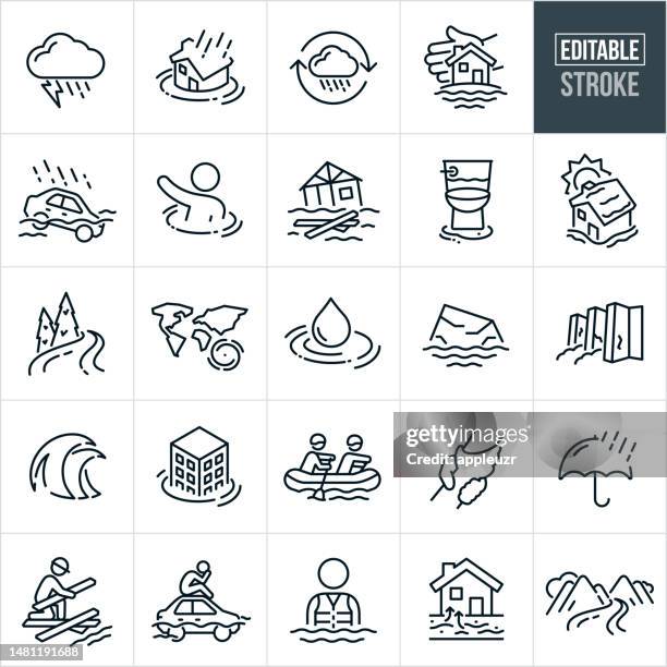illustrations, cliparts, dessins animés et icônes de flash flood et flooding thin line icons - trait modifiable - pluie diluvienne