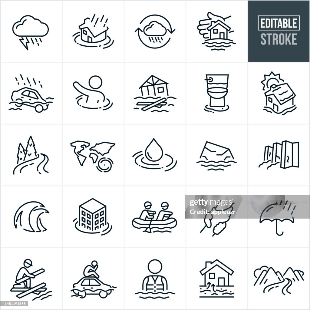 Flash Flood e Flooding Thin Line Icons - Traçado editável