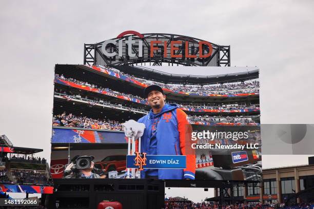 New York Mets Edwin Diaz is introduced on the new Jumbotron during opening ceremonies of his home opener against the Miami Marlins at Citi Field on...
