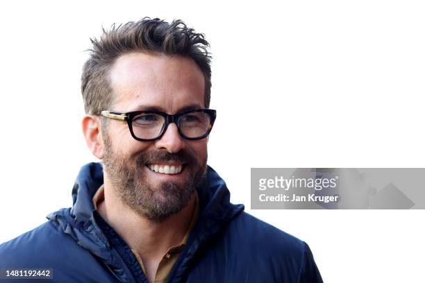 Ryan Reynolds, Owner of Wrexham smiles prior to the Vanarama National League match between Wrexham and Notts County at The Racecourse on April 10,...