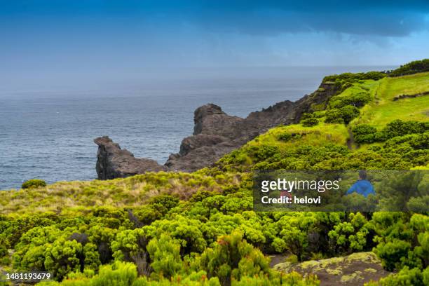tourists exploring volcano's cliff, terceira, azores - azores people stock pictures, royalty-free photos & images