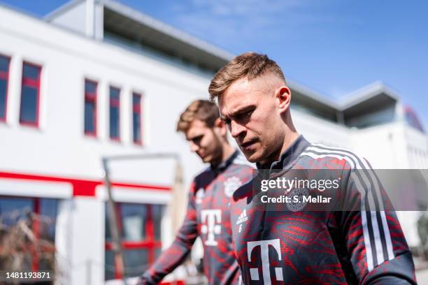 Joshua Kimmich of FC Bayern Muenchen on the way to training ahead of their UEFA Champions League quarterfinal first leg match against Manchester City...