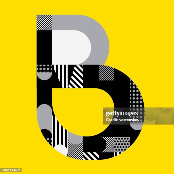 geometric pattern fashionable stylish black and white  colour yellow background alphabets typography - letter b stock illustrations