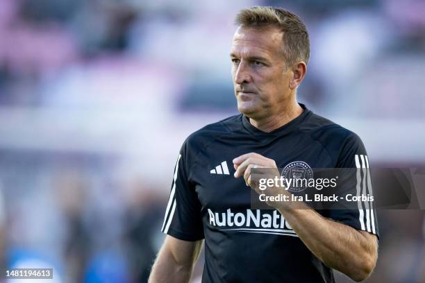 Jason Kreis Assistant Coach of Inter Miami CF during warmups before the Major League Soccer match against FC Dallas at DRV PNK Stadium on April 8,...