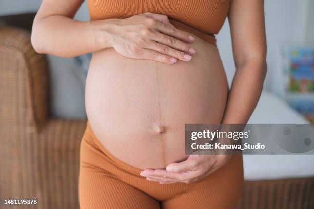 mujer indonesia embarazada irreconocible tocando su gran vientre - abdomen humano fotografías e imágenes de stock