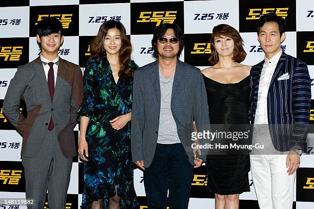 South Korean actors Kim Soo-Hyun, Gianna Jun, , Kim Yun-Seok, Kim Hae-Soo and Lee Jung-Jae attend a press screening to promote 'The Thieves' at CGV...