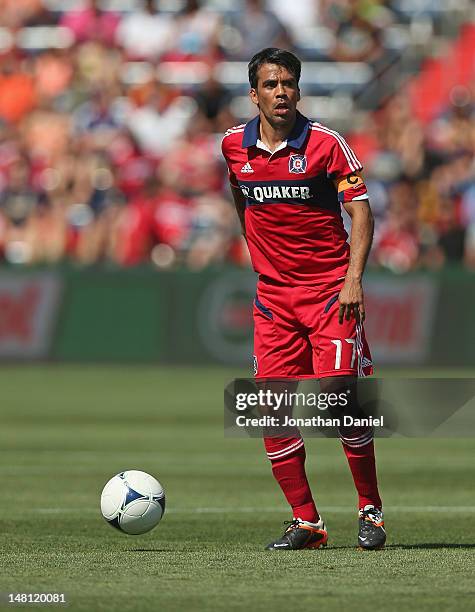 Pavel Pardo of the Chicago Fire looks to pass against the Los Angeles Galaxy during an MLS match at Toyota Park on July 8, 2012 in Bridgeview,...