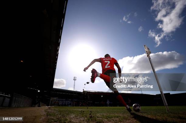 Cody Drameh of Luton Town takes a corner kick during the Sky Bet Championship between Luton Town and Blackpool at Kenilworth Road on April 10, 2023...