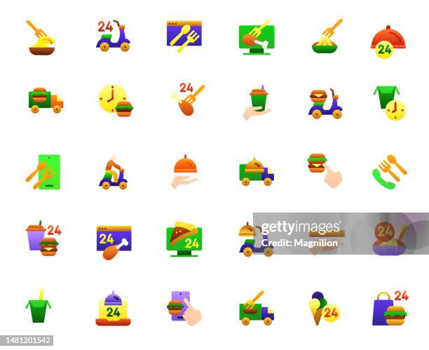 food delivery gradient icons set - lunch break icon stock illustrations