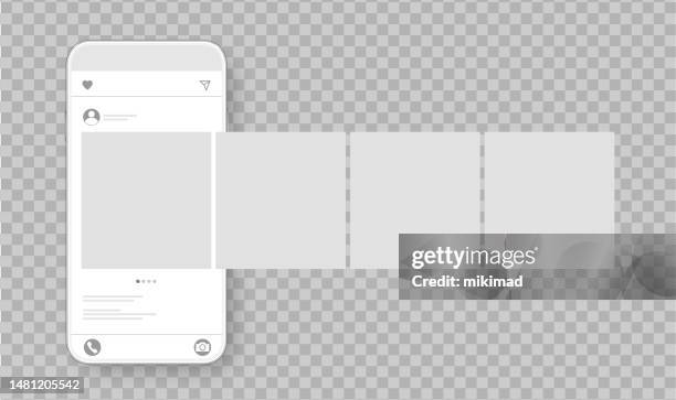 stockillustraties, clipart, cartoons en iconen met smartphone with carousel interface post on social network. social media design concept. transparent background. vector illustration. - draaimolen