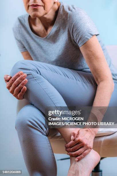 senior woman with ankle pain - ankle stock pictures, royalty-free photos & images