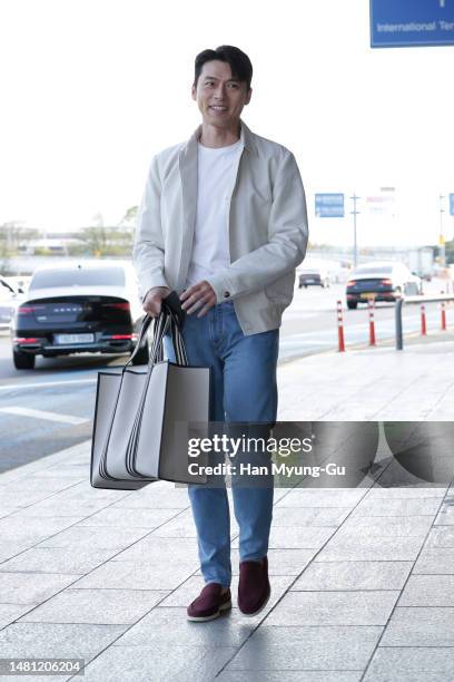 South Korean actor Hyun Bin is seen on departure at Gimpo International Airport on April 10, 2023 in Seoul, South Korea.