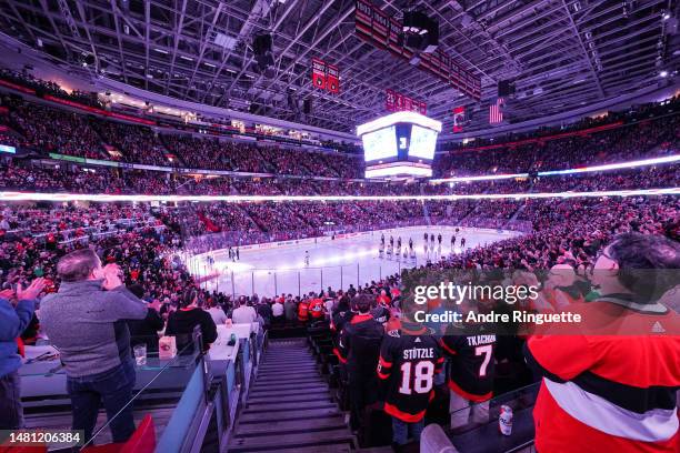 General view of the inside of the arena during the singing of the national anthems prior to a game between the Ottawa Senators and the Tampa Bay...