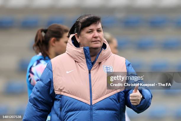 Mo Marley, Head Coach of England looks on prior to the Women's Under 23 International Friendly match between Belgium and England at Cegeka Arena on...