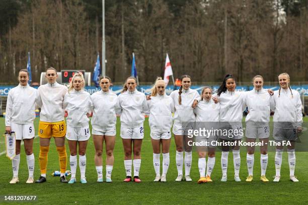 Players of England stand for the national anthem prior to the Women's Under 23 International Friendly match between Belgium and England at Cegeka...