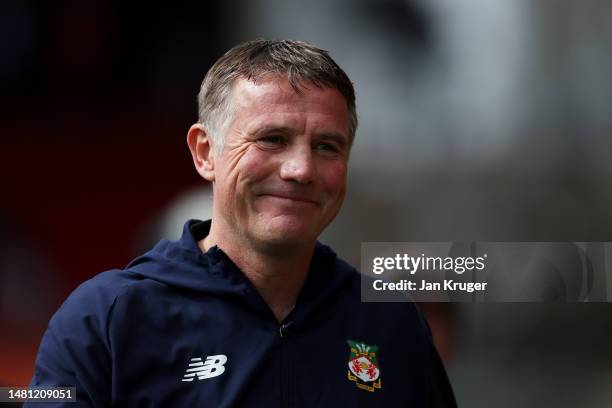 Phil Parkinson, Manager of Wrexham smiles prior to the Vanarama National League match between Wrexham and Notts County at The Racecourse on April 10,...