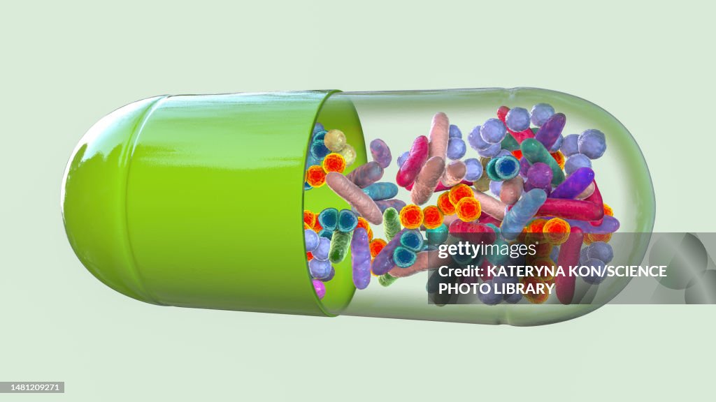 Probiotic pill, conceptual illustration