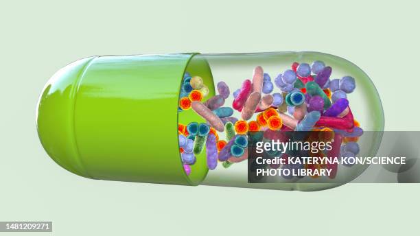 probiotic pill, conceptual illustration - nutritional supplement stock illustrations