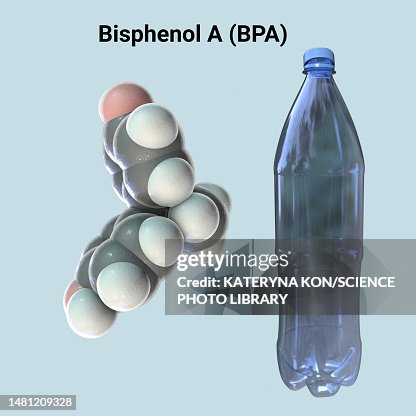Bisphenol A molecule and plastic bottle, illustration Bisphenol A molecule and plastic bottle, illustration