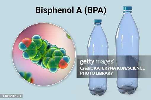 Bisphenol A molecule and plastic bottles, illustration Bisphenol A molecule and plastic bottles, illustration