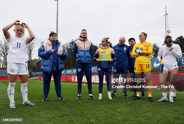 Mo Marley, Head Coach of England speaks to their players after the Women's Under 23 International Friendly match between Belgium and England at...