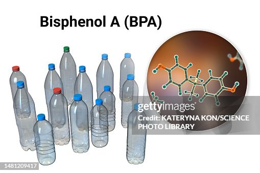 Bisphenol A molecule and plastic bottles, illustration Bisphenol A molecule and plastic bottles, illustration